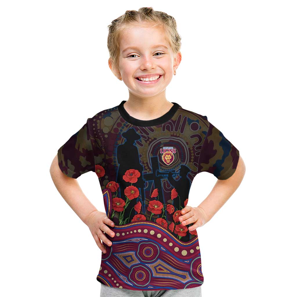 Brisbane Lions ANZAC Day Kid T Shirt Indigenous Dot Art with Poppy Flower Tribute