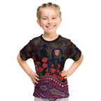 Brisbane Lions ANZAC Day Kid T Shirt Indigenous Dot Art with Poppy Flower Tribute