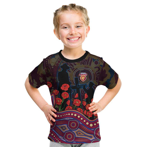 Brisbane Lions ANZAC Day Kid T Shirt Indigenous Dot Art with Poppy Flower Tribute