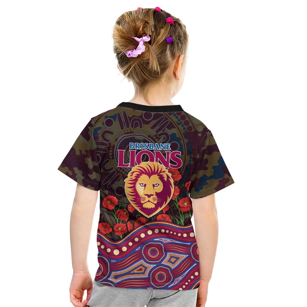 Brisbane Lions ANZAC Day Kid T Shirt Indigenous Dot Art with Poppy Flower Tribute