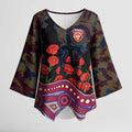 Brisbane Lions ANZAC Day Kimono Sleeve Blouse Indigenous Dot Art with Poppy Flower Tribute