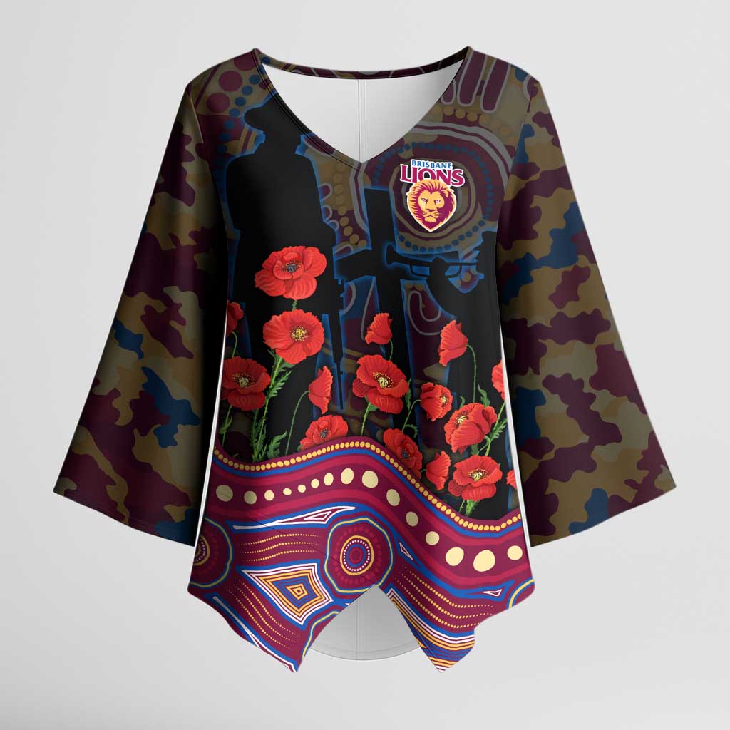 Brisbane Lions ANZAC Day Kimono Sleeve Blouse Indigenous Dot Art with Poppy Flower Tribute