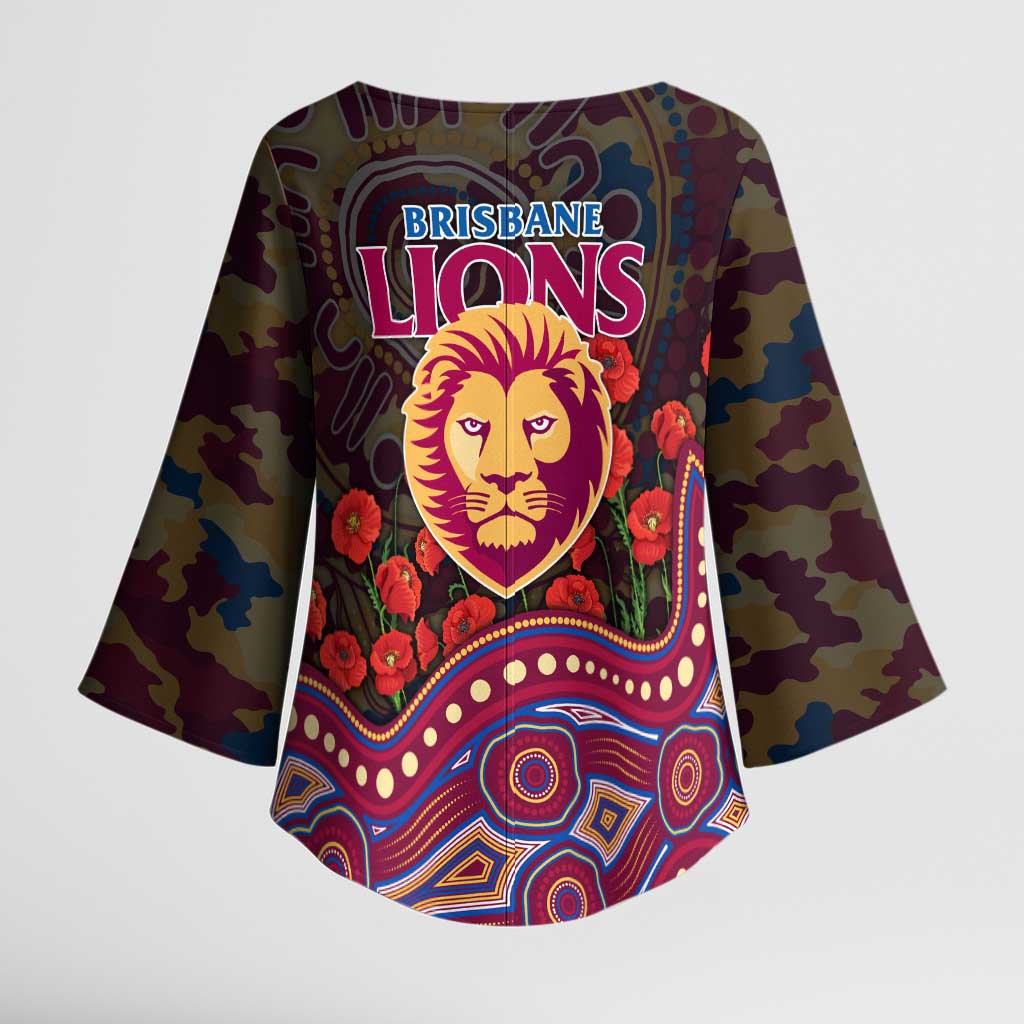Brisbane Lions ANZAC Day Kimono Sleeve Blouse Indigenous Dot Art with Poppy Flower Tribute