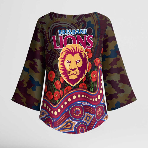 Brisbane Lions ANZAC Day Kimono Sleeve Blouse Indigenous Dot Art with Poppy Flower Tribute