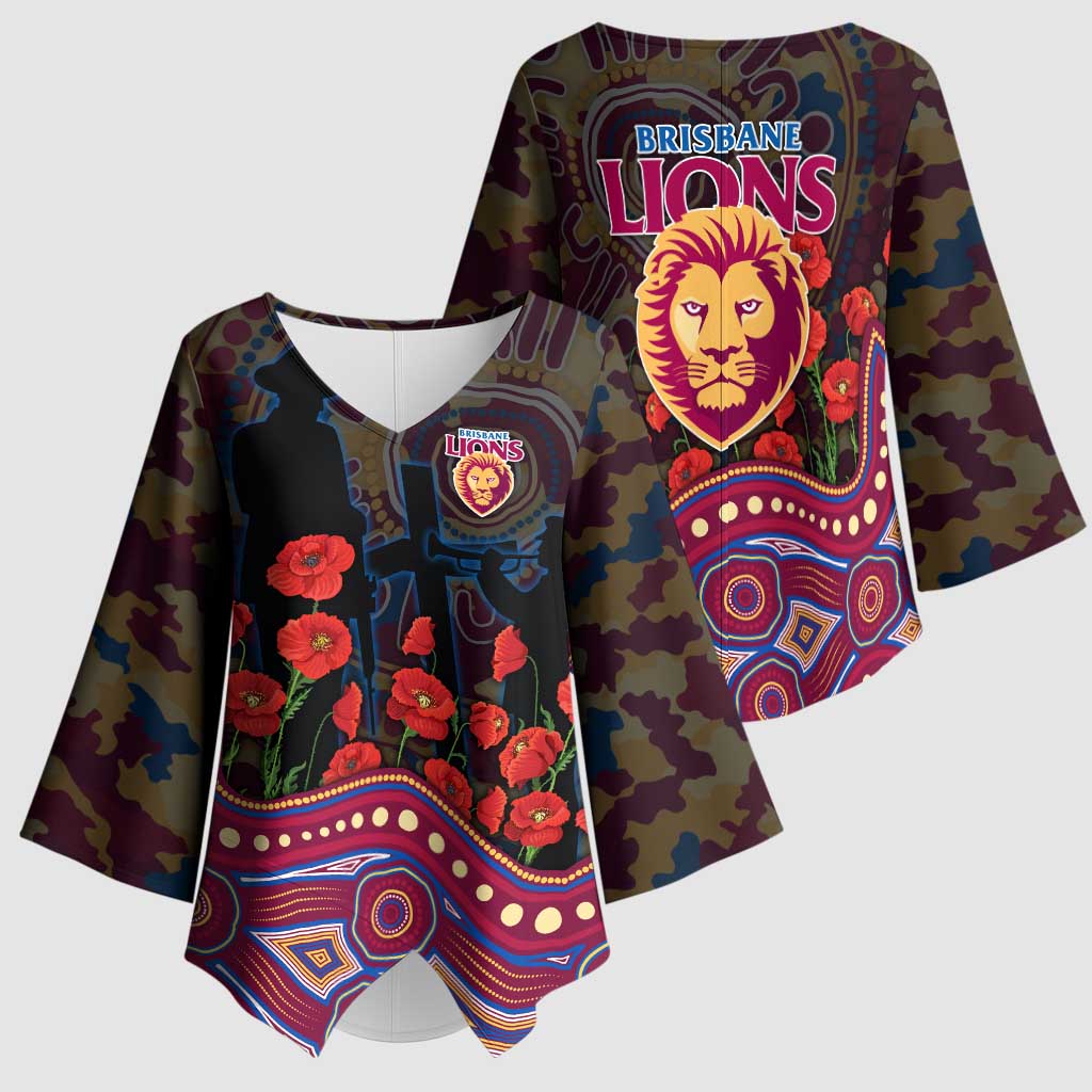 Brisbane Lions ANZAC Day Kimono Sleeve Blouse Indigenous Dot Art with Poppy Flower Tribute