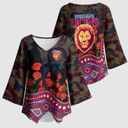 Brisbane Lions ANZAC Day Kimono Sleeve Blouse Indigenous Dot Art with Poppy Flower Tribute