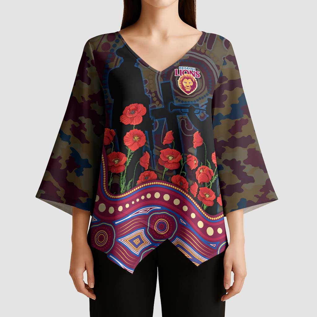Brisbane Lions ANZAC Day Kimono Sleeve Blouse Indigenous Dot Art with Poppy Flower Tribute