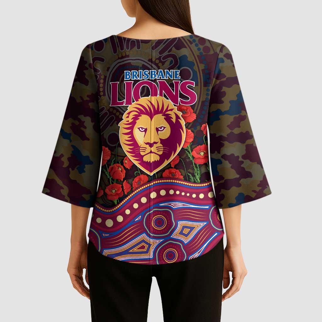 Brisbane Lions ANZAC Day Kimono Sleeve Blouse Indigenous Dot Art with Poppy Flower Tribute