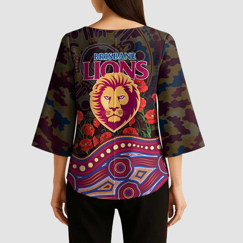Brisbane Lions ANZAC Day Kimono Sleeve Blouse Indigenous Dot Art with Poppy Flower Tribute