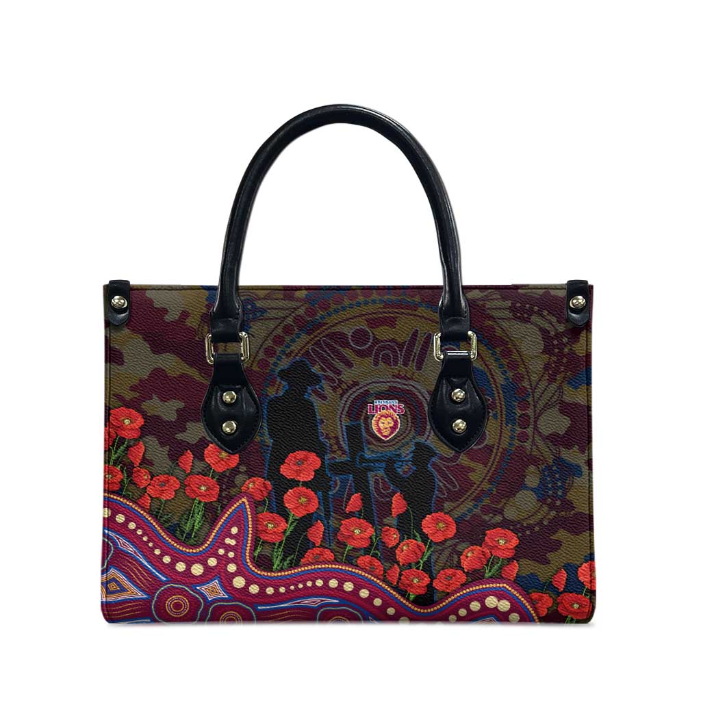 Brisbane Lions ANZAC Day Leather Bag Indigenous Dot Art with Poppy Flower Tribute