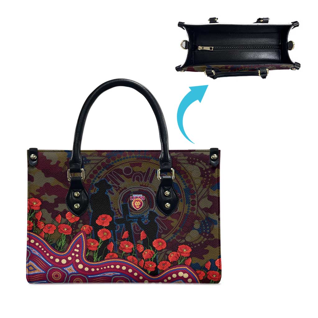 Brisbane Lions ANZAC Day Leather Bag Indigenous Dot Art with Poppy Flower Tribute