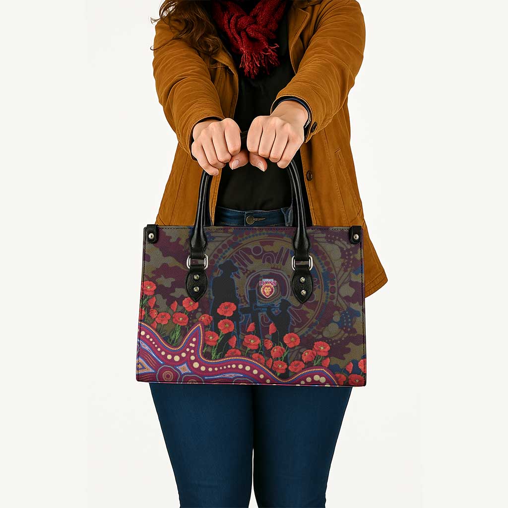 Brisbane Lions ANZAC Day Leather Bag Indigenous Dot Art with Poppy Flower Tribute