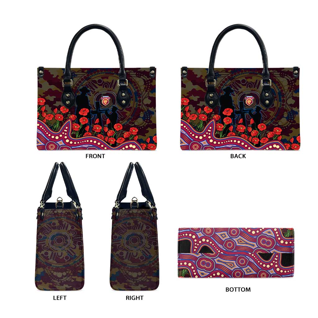 Brisbane Lions ANZAC Day Leather Bag Indigenous Dot Art with Poppy Flower Tribute