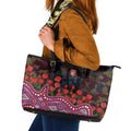 Brisbane Lions ANZAC Day Leather Tote Bag Indigenous Dot Art with Poppy Flower Tribute