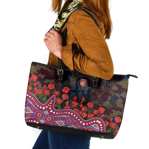 Brisbane Lions ANZAC Day Leather Tote Bag Indigenous Dot Art with Poppy Flower Tribute