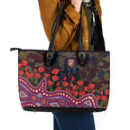 Brisbane Lions ANZAC Day Leather Tote Bag Indigenous Dot Art with Poppy Flower Tribute