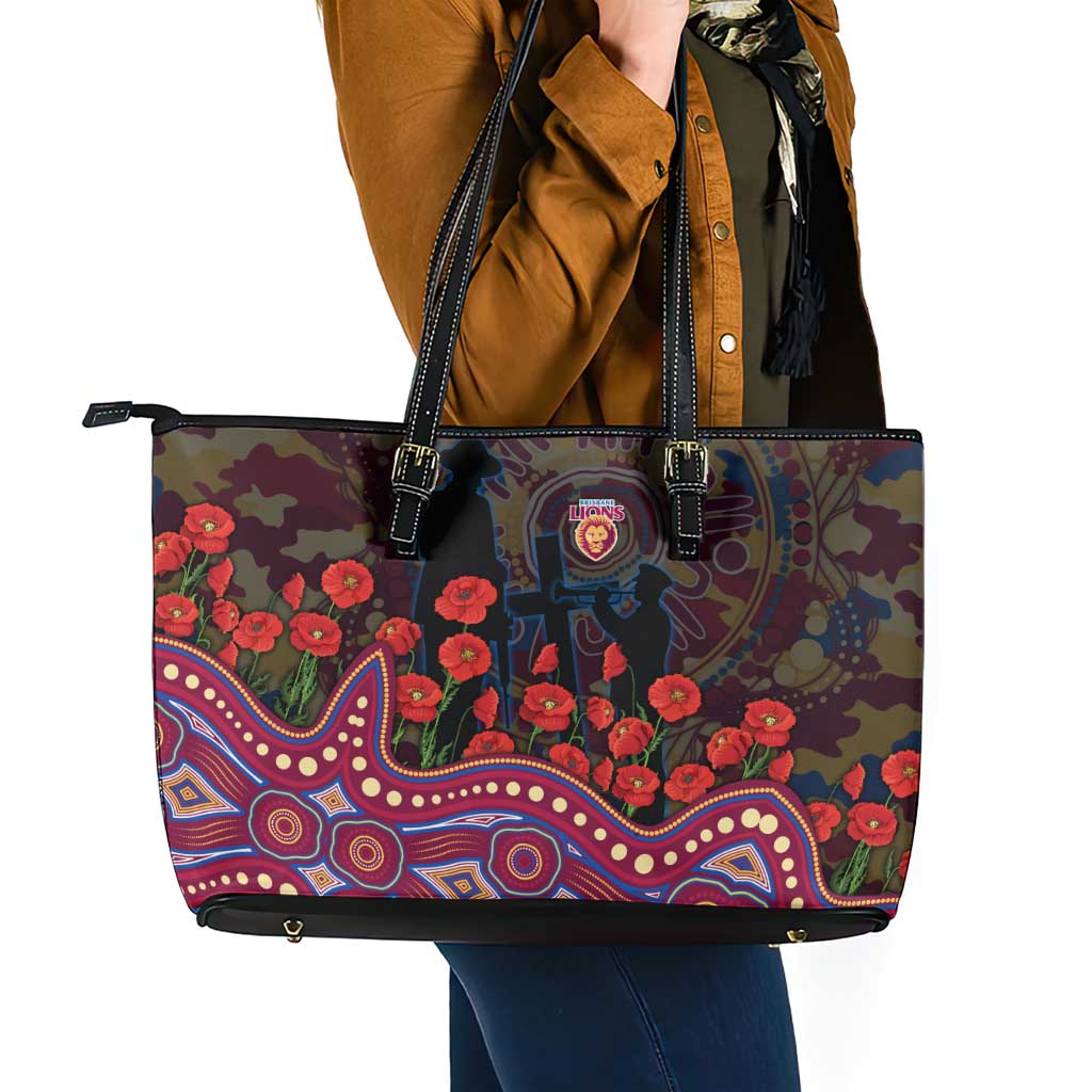 Brisbane Lions ANZAC Day Leather Tote Bag Indigenous Dot Art with Poppy Flower Tribute