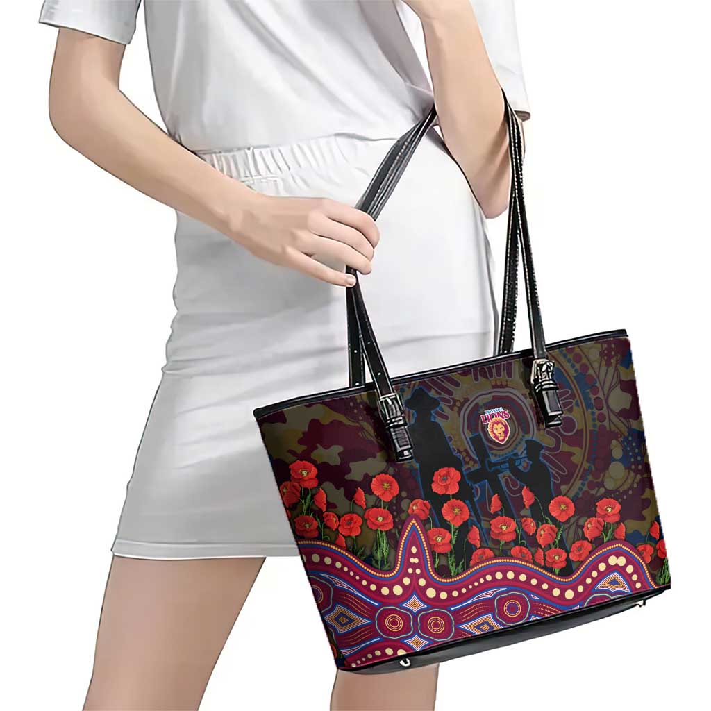 Brisbane Lions ANZAC Day Leather Tote Bag Indigenous Dot Art with Poppy Flower Tribute