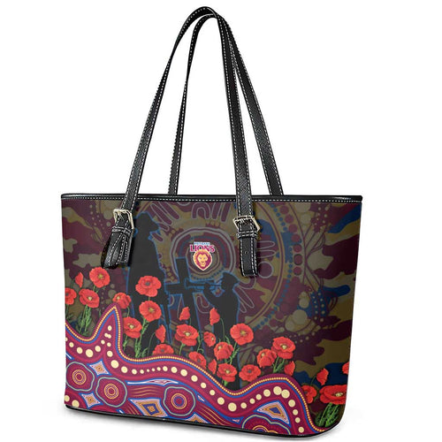 Brisbane Lions ANZAC Day Leather Tote Bag Indigenous Dot Art with Poppy Flower Tribute