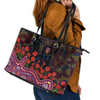 Brisbane Lions ANZAC Day Leather Tote Bag Indigenous Dot Art with Poppy Flower Tribute