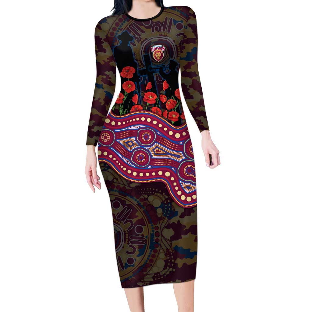 Brisbane Lions ANZAC Day Long Sleeve Bodycon Dress Indigenous Dot Art with Poppy Flower Tribute