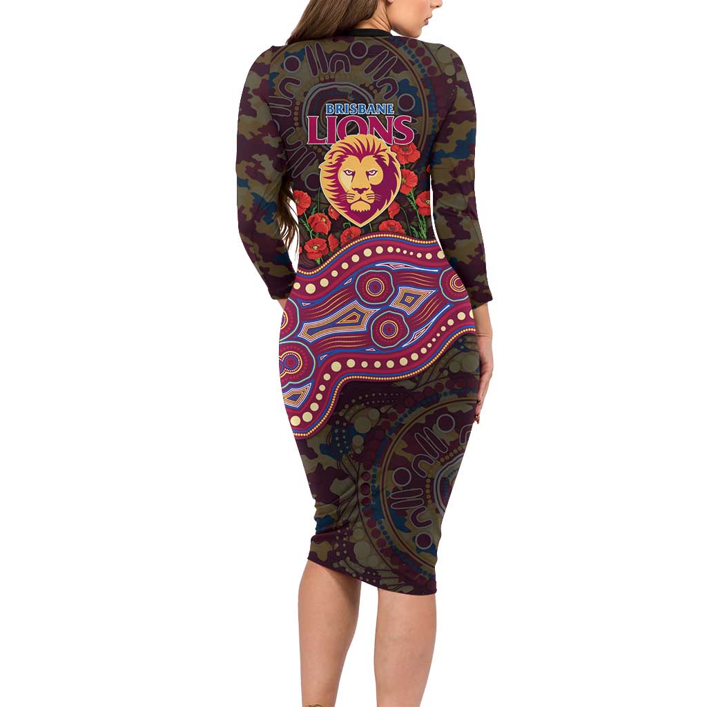 Brisbane Lions ANZAC Day Long Sleeve Bodycon Dress Indigenous Dot Art with Poppy Flower Tribute