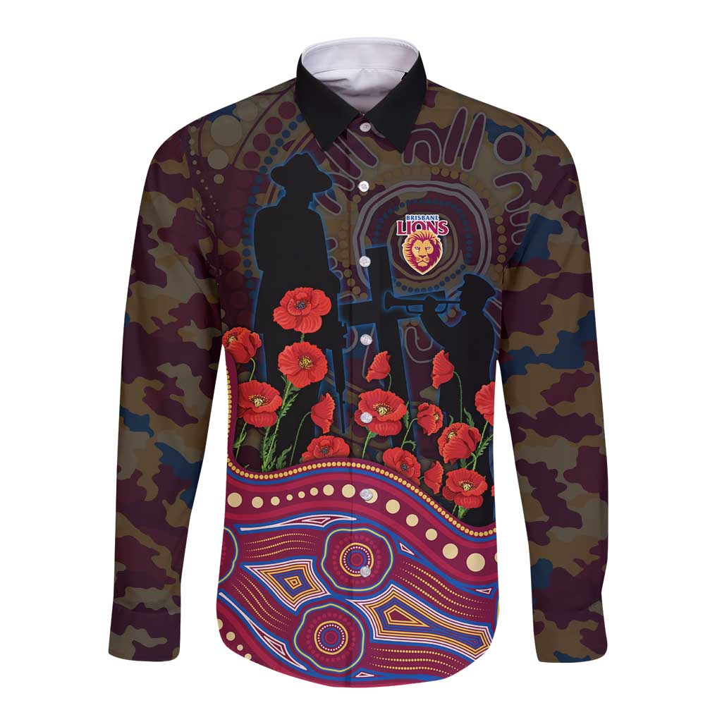 Brisbane Lions ANZAC Day Long Sleeve Button Shirt Indigenous Dot Art with Poppy Flower Tribute