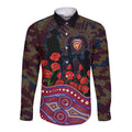 Brisbane Lions ANZAC Day Long Sleeve Button Shirt Indigenous Dot Art with Poppy Flower Tribute