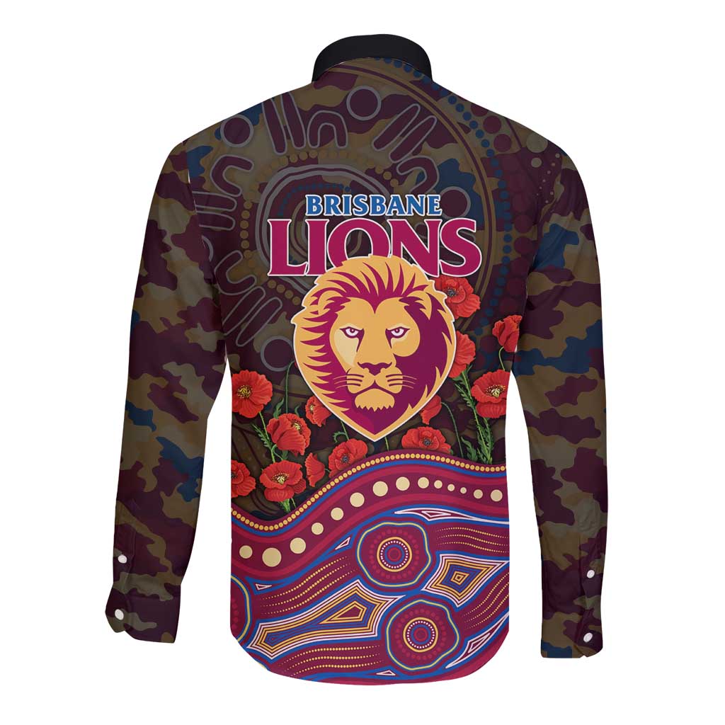 Brisbane Lions ANZAC Day Long Sleeve Button Shirt Indigenous Dot Art with Poppy Flower Tribute