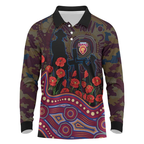 Brisbane Lions ANZAC Day Long Sleeve Polo Shirt Indigenous Dot Art with Poppy Flower Tribute