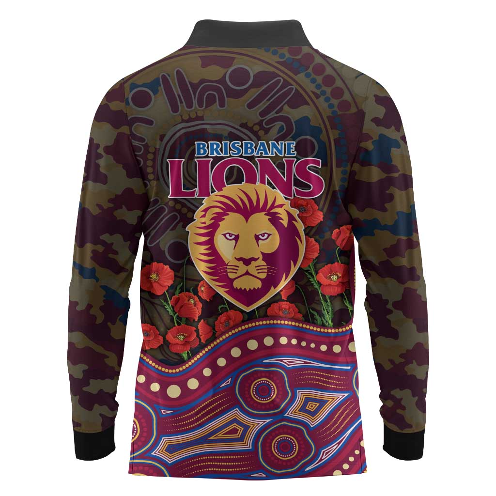 Brisbane Lions ANZAC Day Long Sleeve Polo Shirt Indigenous Dot Art with Poppy Flower Tribute