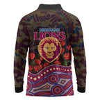 Brisbane Lions ANZAC Day Long Sleeve Polo Shirt Indigenous Dot Art with Poppy Flower Tribute