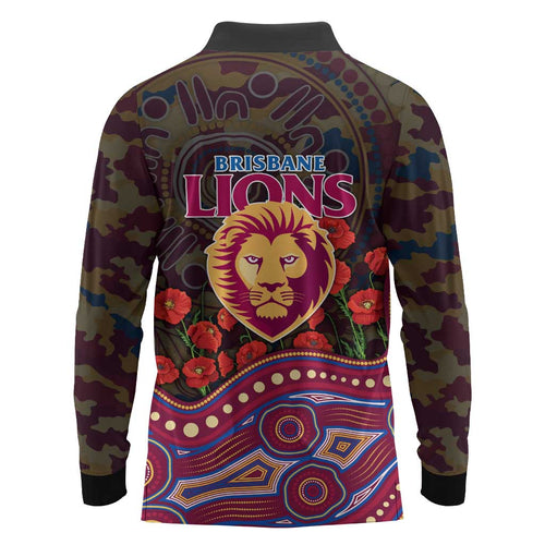 Brisbane Lions ANZAC Day Long Sleeve Polo Shirt Indigenous Dot Art with Poppy Flower Tribute