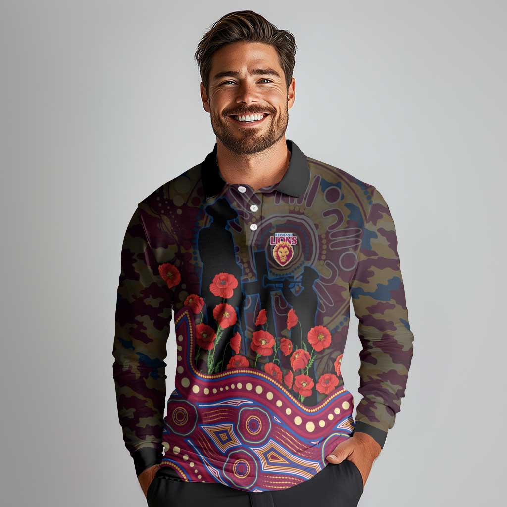 Brisbane Lions ANZAC Day Long Sleeve Polo Shirt Indigenous Dot Art with Poppy Flower Tribute