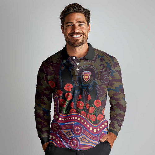 Brisbane Lions ANZAC Day Long Sleeve Polo Shirt Indigenous Dot Art with Poppy Flower Tribute