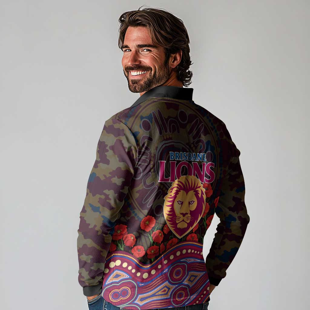 Brisbane Lions ANZAC Day Long Sleeve Polo Shirt Indigenous Dot Art with Poppy Flower Tribute