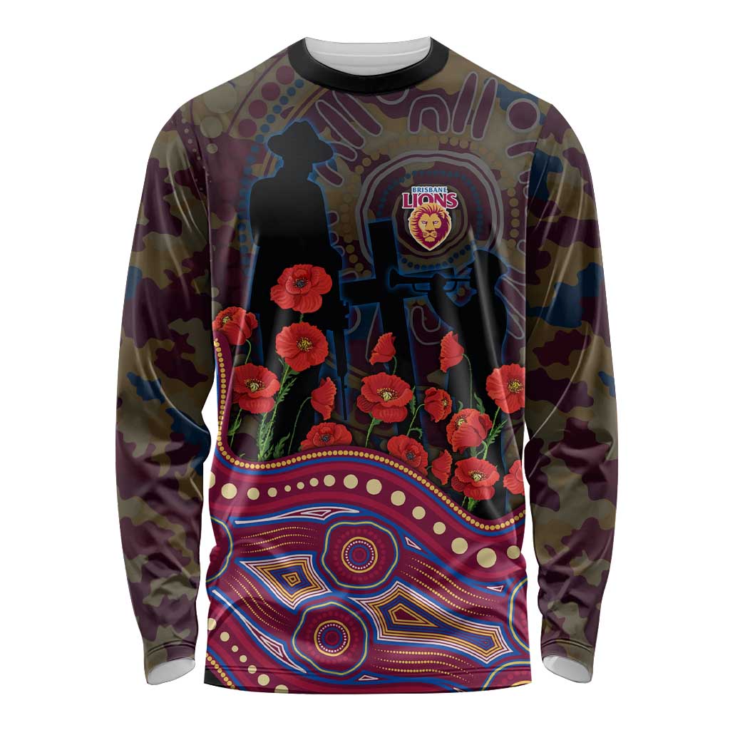 Brisbane Lions ANZAC Day Long Sleeve Shirt Indigenous Dot Art with Poppy Flower Tribute