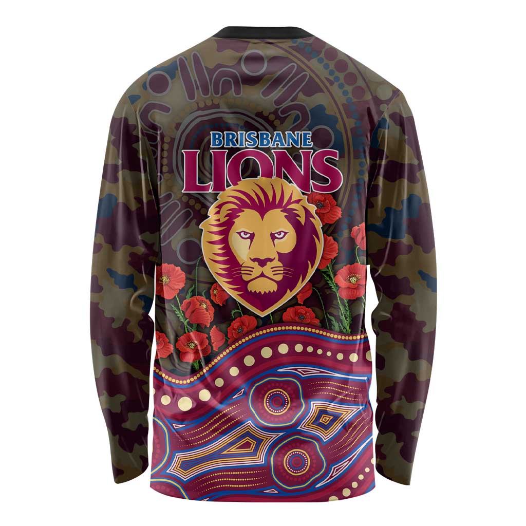 Brisbane Lions ANZAC Day Long Sleeve Shirt Indigenous Dot Art with Poppy Flower Tribute