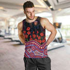Brisbane Lions ANZAC Day Men Tank Top Indigenous Dot Art with Poppy Flower Tribute