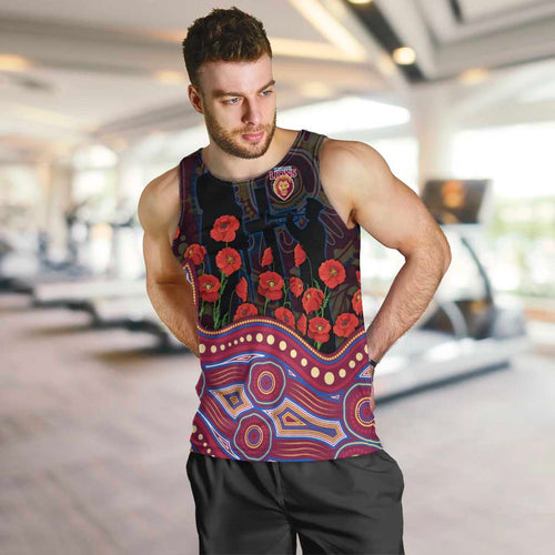 Brisbane Lions ANZAC Day Men Tank Top Indigenous Dot Art with Poppy Flower Tribute