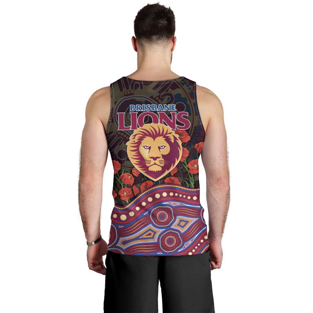Brisbane Lions ANZAC Day Men Tank Top Indigenous Dot Art with Poppy Flower Tribute