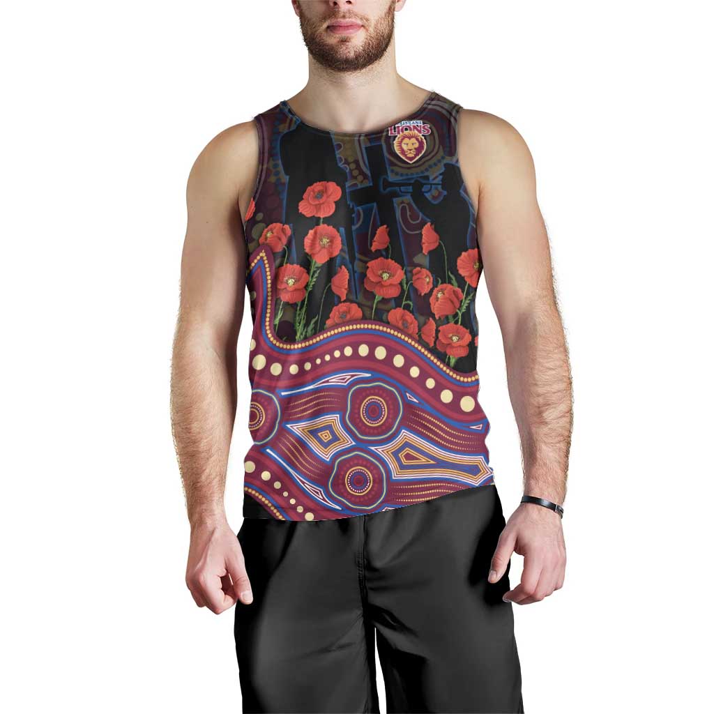 Brisbane Lions ANZAC Day Men Tank Top Indigenous Dot Art with Poppy Flower Tribute