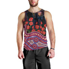 Brisbane Lions ANZAC Day Men Tank Top Indigenous Dot Art with Poppy Flower Tribute
