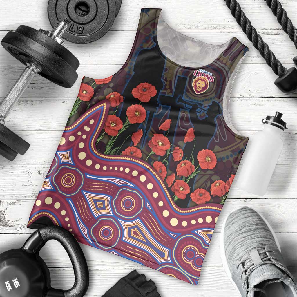 Brisbane Lions ANZAC Day Men Tank Top Indigenous Dot Art with Poppy Flower Tribute