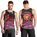 Brisbane Lions ANZAC Day Men Tank Top Indigenous Dot Art with Poppy Flower Tribute