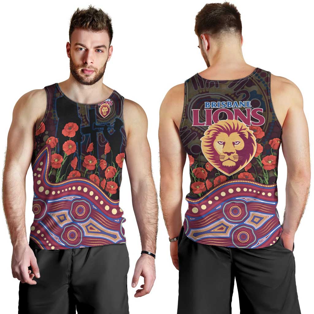 Brisbane Lions ANZAC Day Men Tank Top Indigenous Dot Art with Poppy Flower Tribute