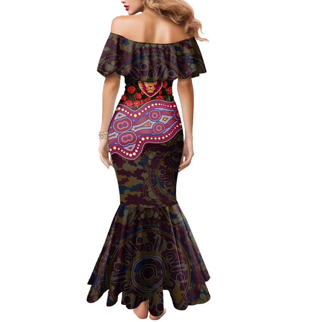Brisbane Lions ANZAC Day Mermaid Dress Indigenous Dot Art with Poppy Flower Tribute