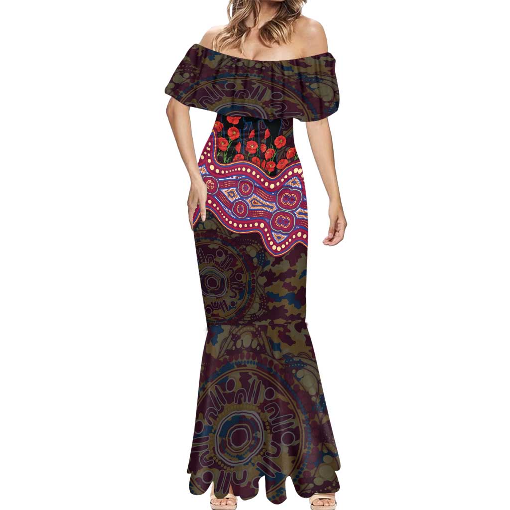 Brisbane Lions ANZAC Day Mermaid Dress Indigenous Dot Art with Poppy Flower Tribute