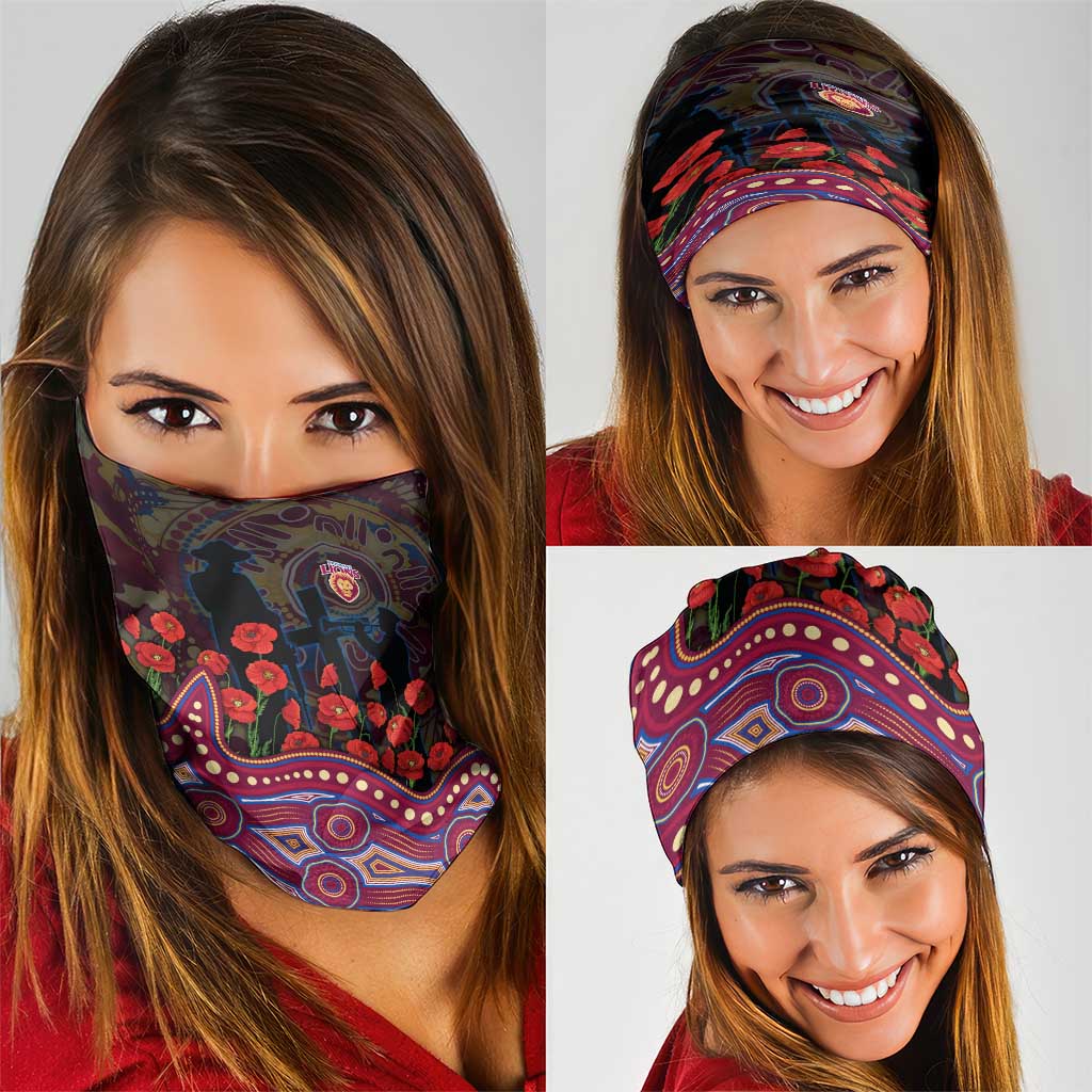 Brisbane Lions ANZAC Day Neck Gaiter Indigenous Dot Art with Poppy Flower Tribute