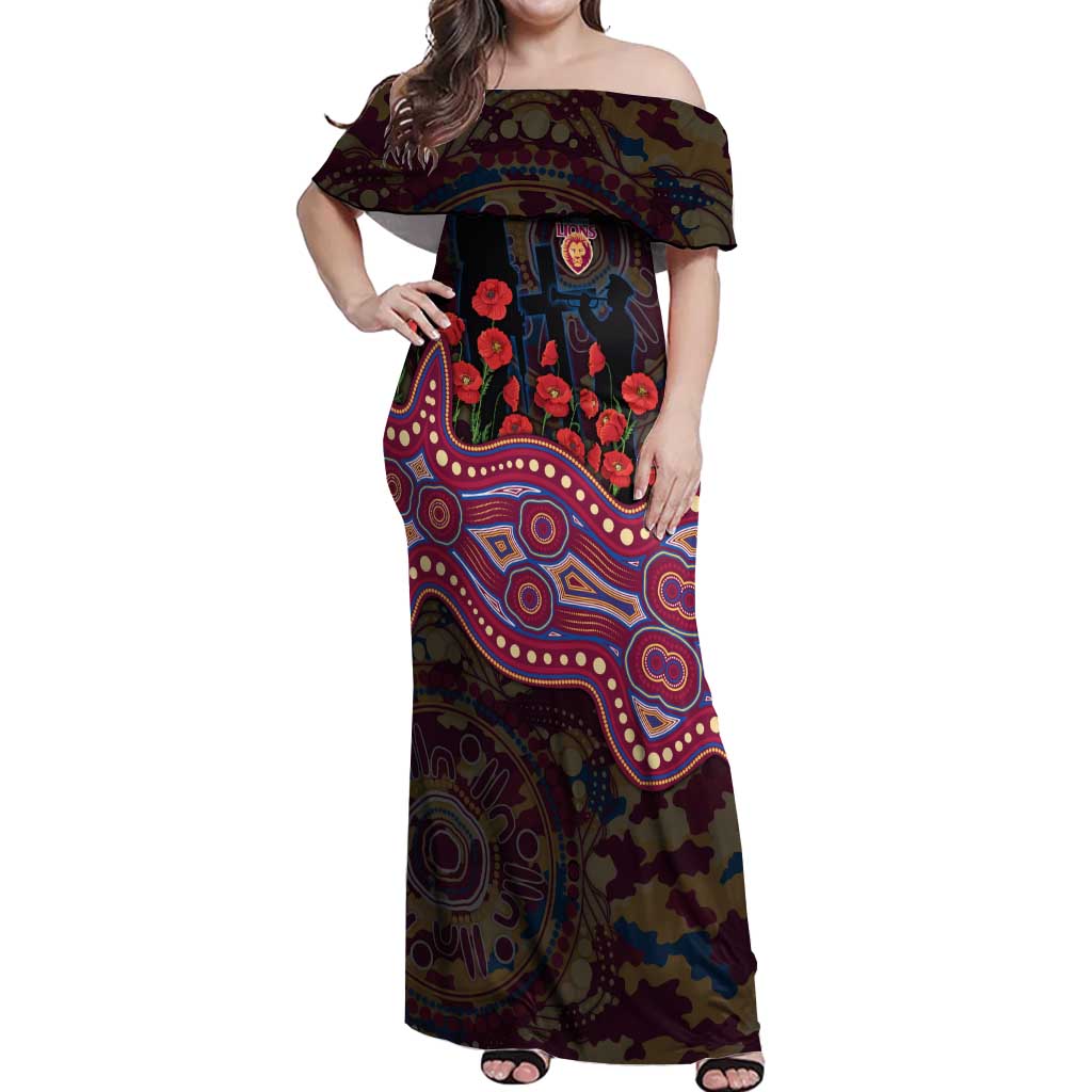 Brisbane Lions ANZAC Day Off Shoulder Maxi Dress Indigenous Dot Art with Poppy Flower Tribute